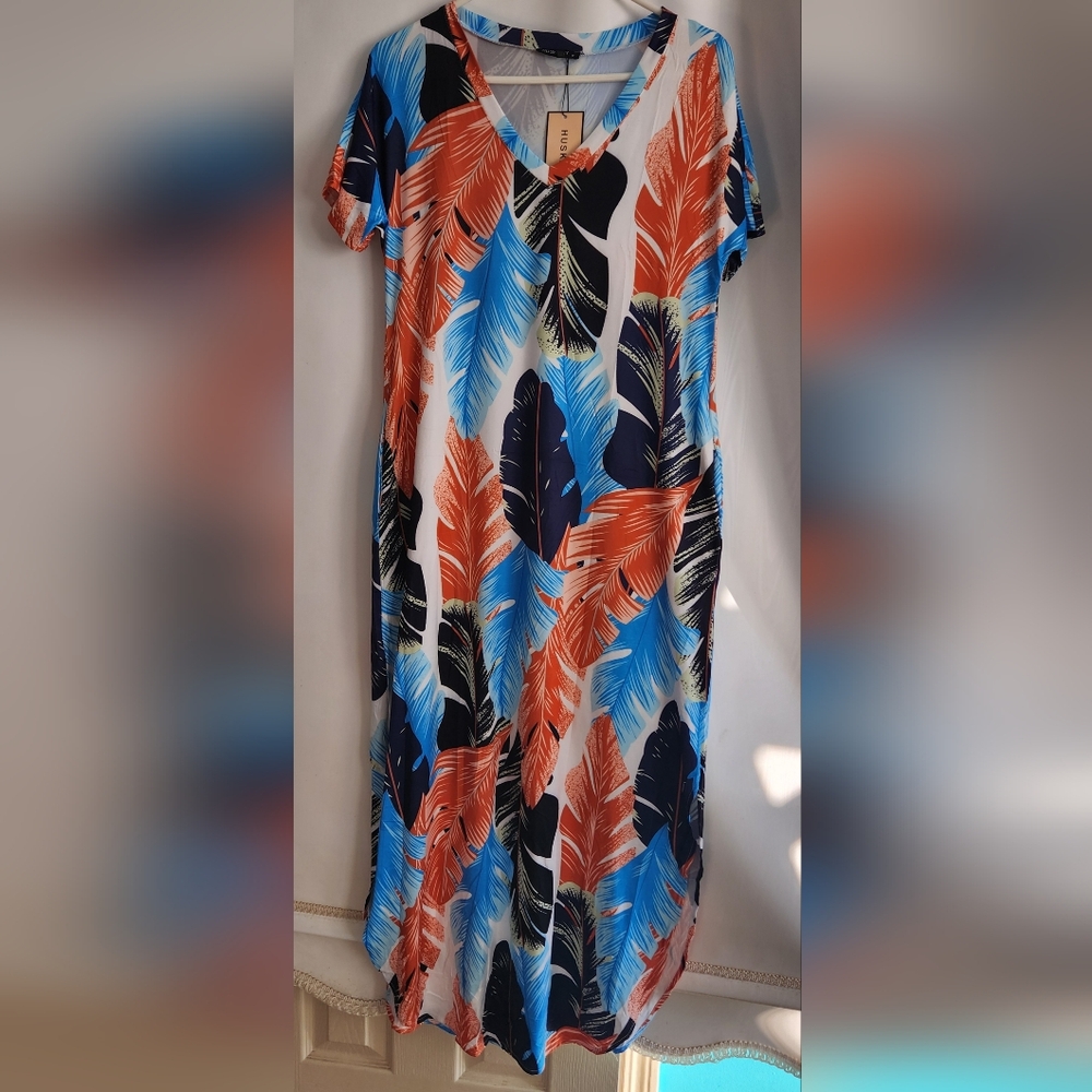 NWT HUSKARY Women's Maxi Casual Short Sleeve Split dress loose pockets